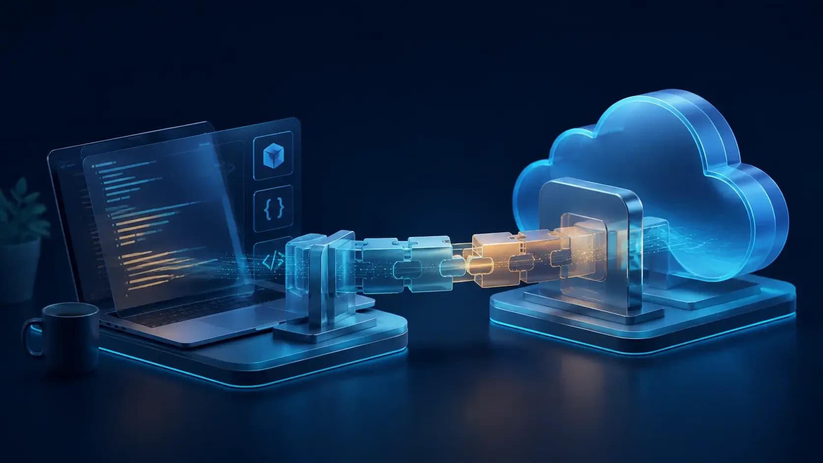 A modular bridge connecting a developer workstation and a cloud gateway, compatible connector blocks clicking together