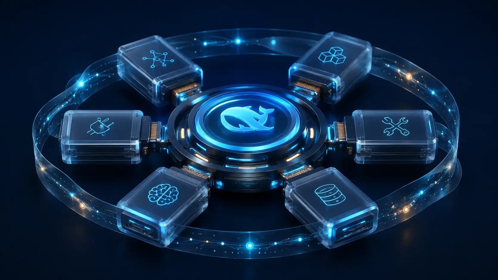 A circular agent runtime core surrounded by removable plugin cartridges and a durable event ribbon