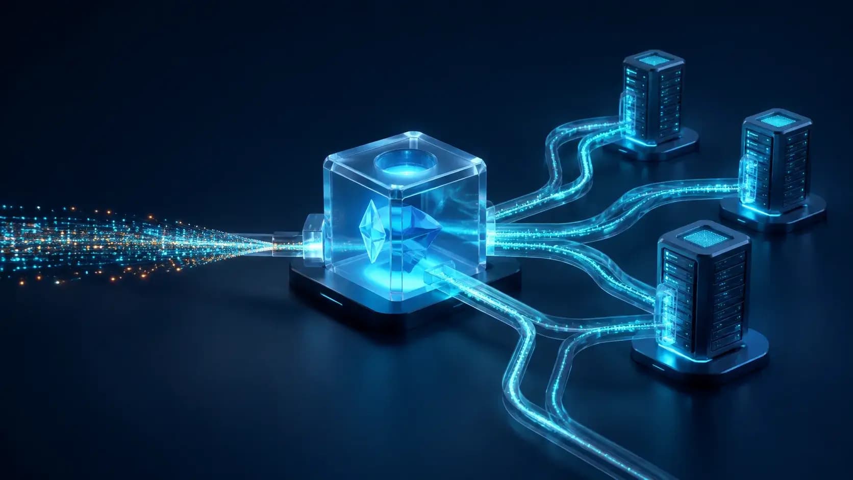 An elegant glass network gateway distributing cyan light to reliable server towers through redundant paths
