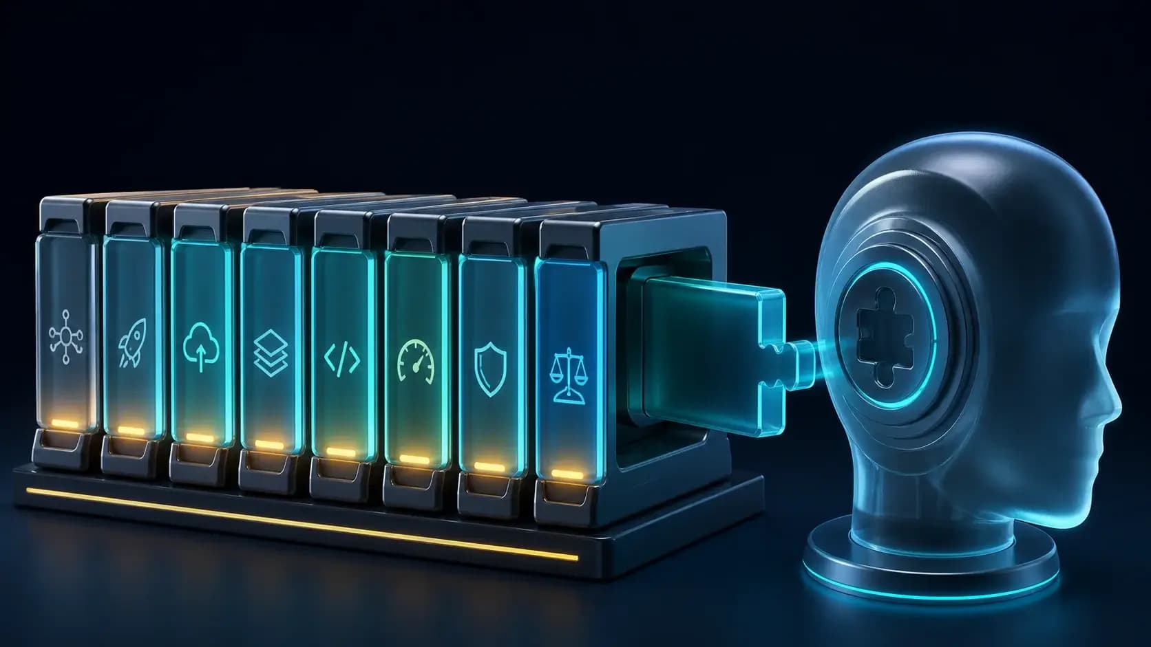 A library of interchangeable skill cartridges feeding a universal agent socket, ordered and modular
