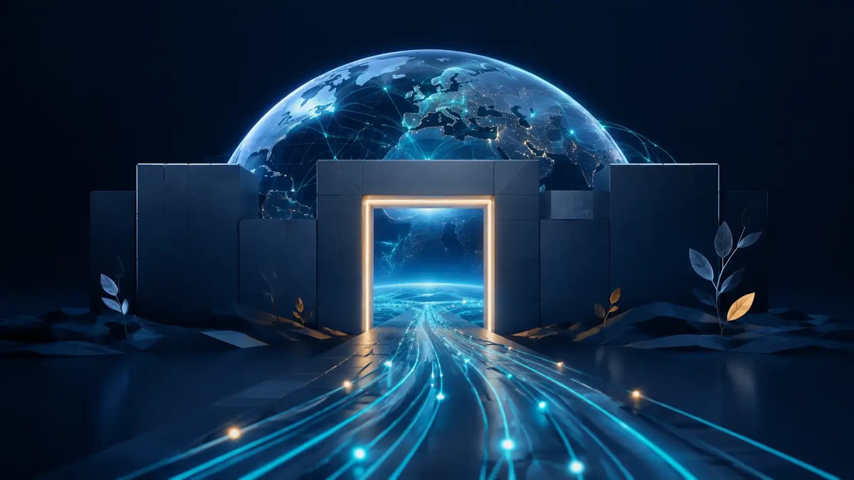 A globe with luminous network paths passing through an open gateway in a geometric wall, peaceful abstract connectivity