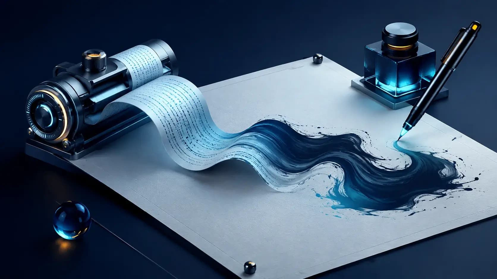A mechanical text ribbon transforming into a flowing organic ink-like stroke over a clean editorial sheet