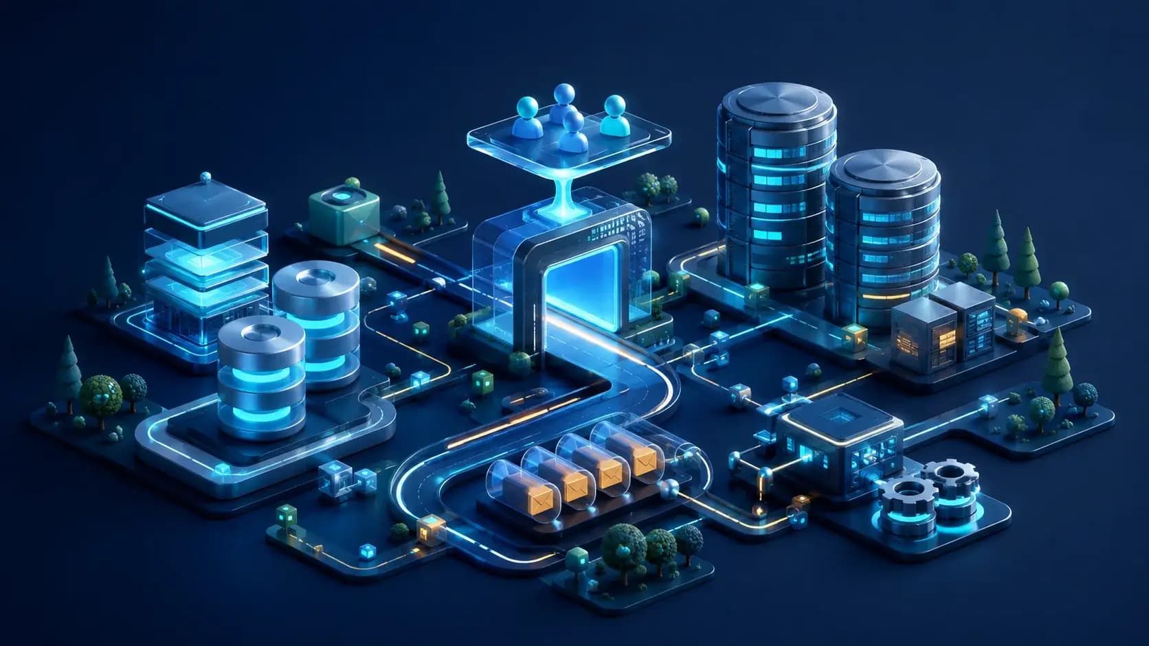 A miniature distributed system city with gateway, cache cylinders, database towers and message queues linked by tidy paths