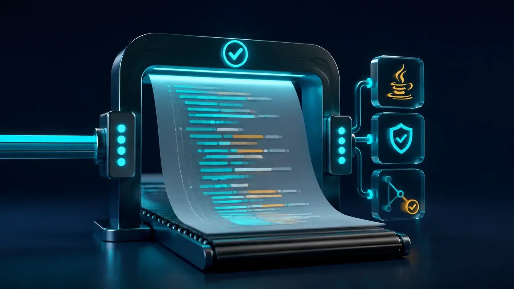 A source-code sheet passing through a precision inspection gate, aligned indented bars and cyan verification lights