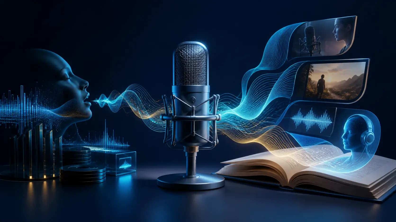 A sculptural studio microphone with luminous waveform ribbons flowing into audio book pages and video frames
