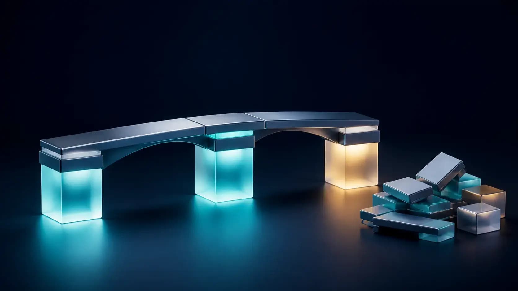 A beautifully simple elegant bridge built from three structural blocks beside a neatly dismantled pile of surplus blocks