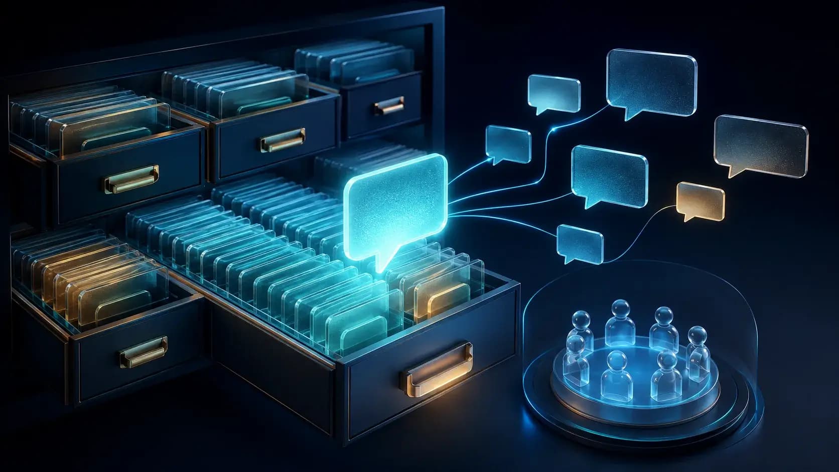 A community library of glass speech cards grouped in elegant drawers, one selected prompt illuminating connected dialogue bubbles