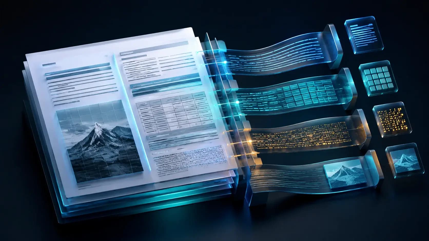A layered document page split into columns, table cells and image areas becoming orderly extracted data ribbons