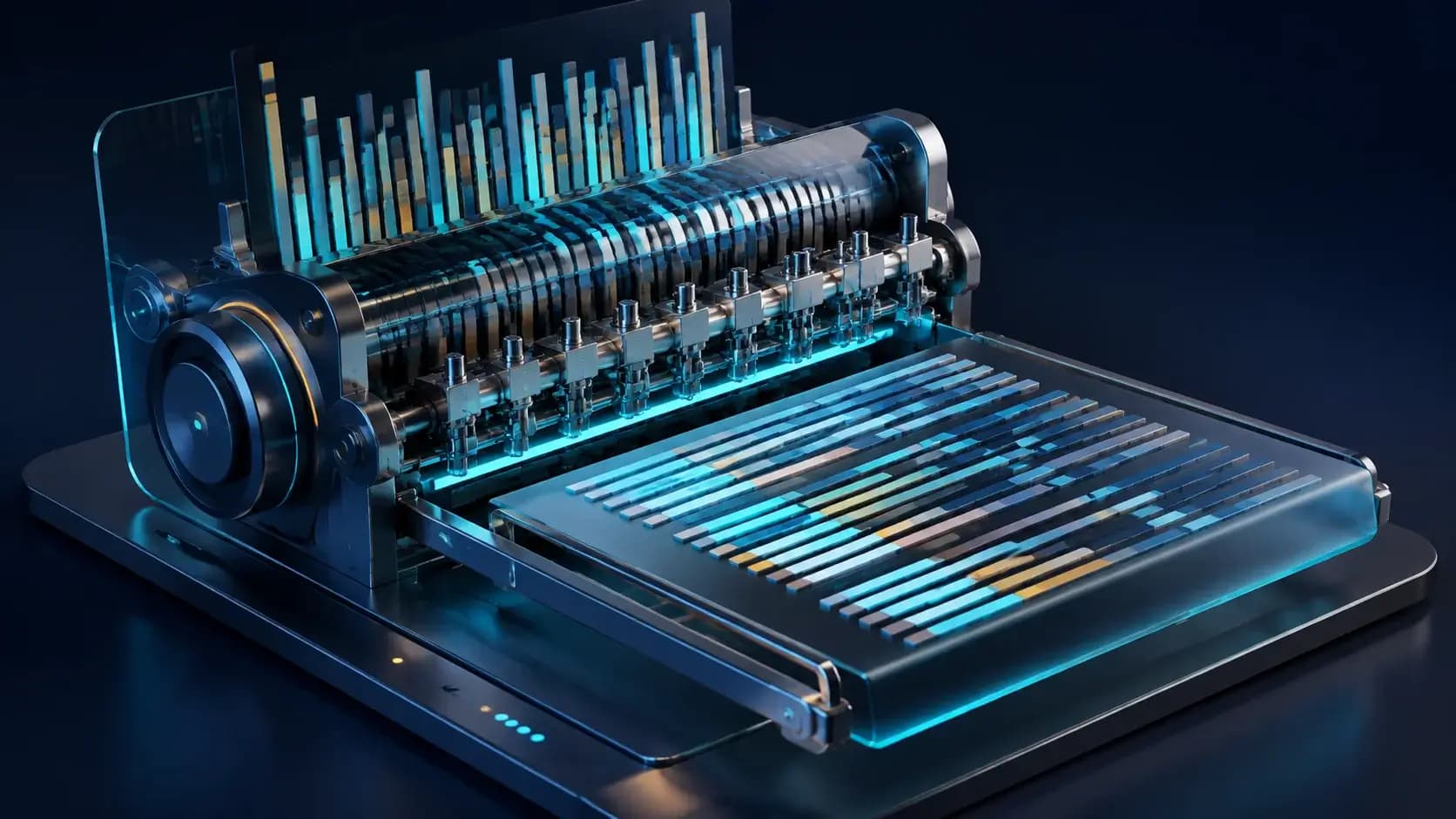 A precise typographic typesetting machine arranging abstract character-like bars into neatly aligned output rows; no actual letters