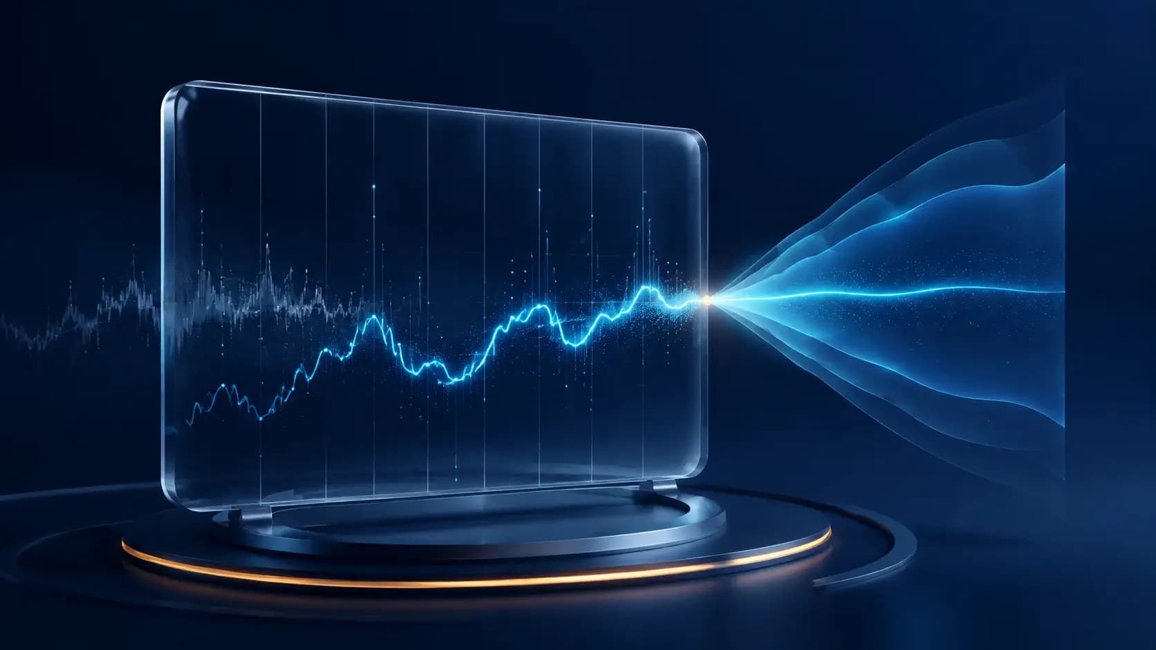 A luminous historical time-series curve running across a glass temporal grid and continuing into a soft forecasting uncertainty fan