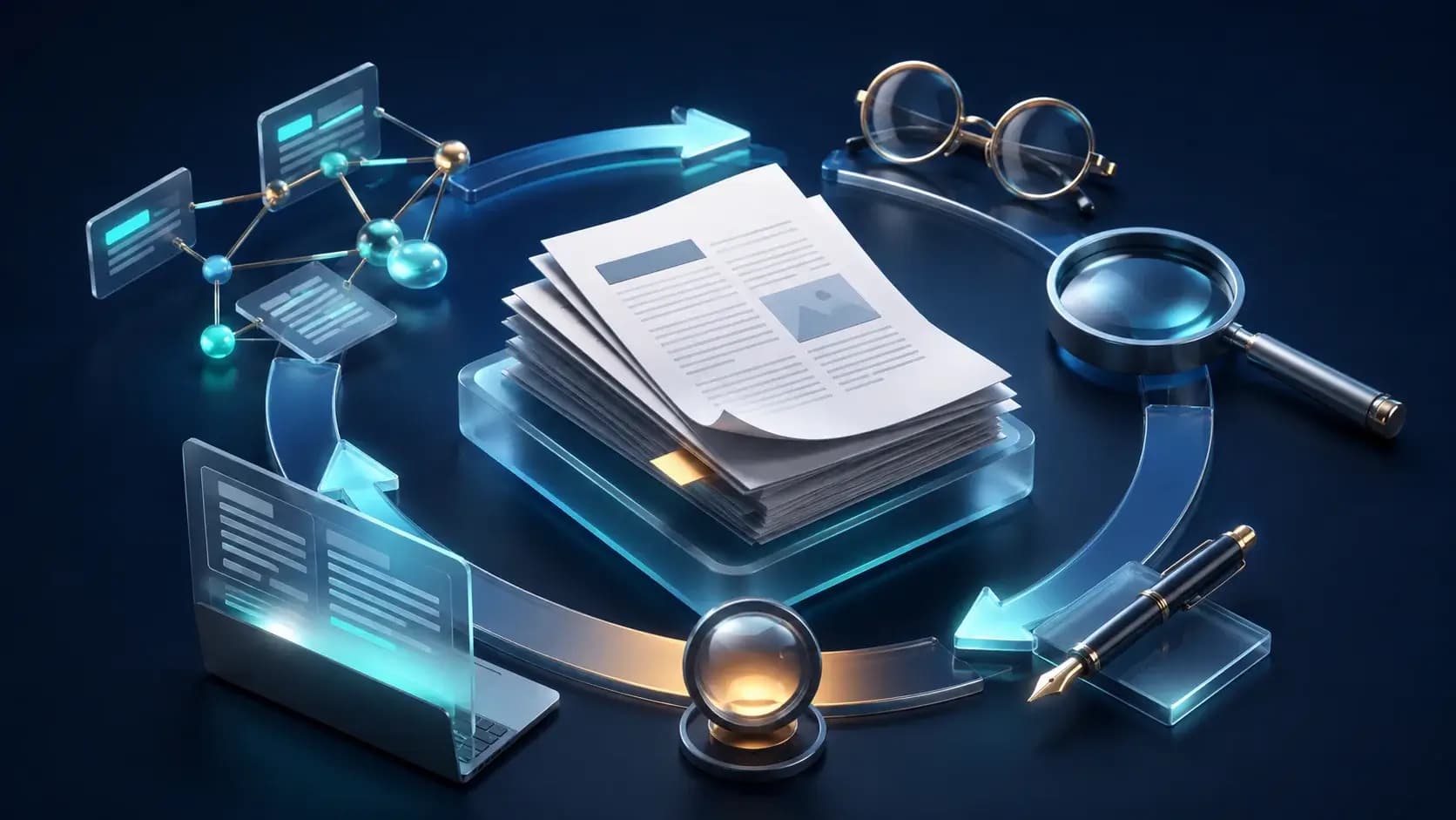 A scholarly workflow of research papers, citation links, an editing pen and review lenses arranged as a graceful cycle