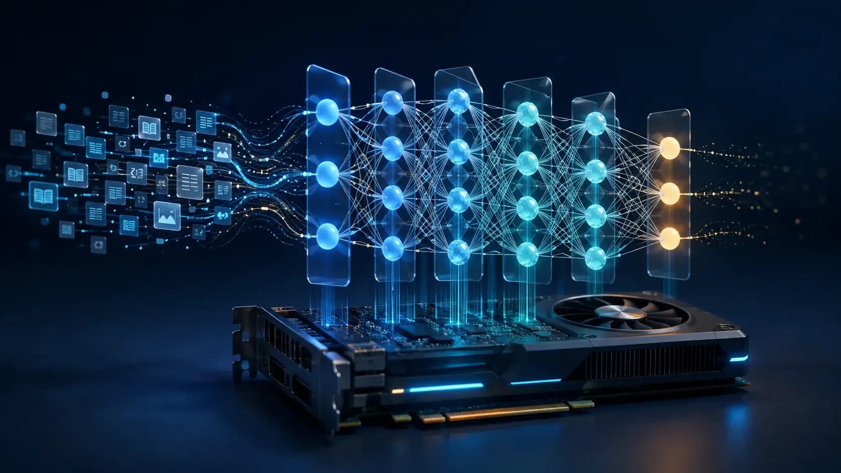 A small growing neural network on a single GPU board, training samples flowing into its layered nodes