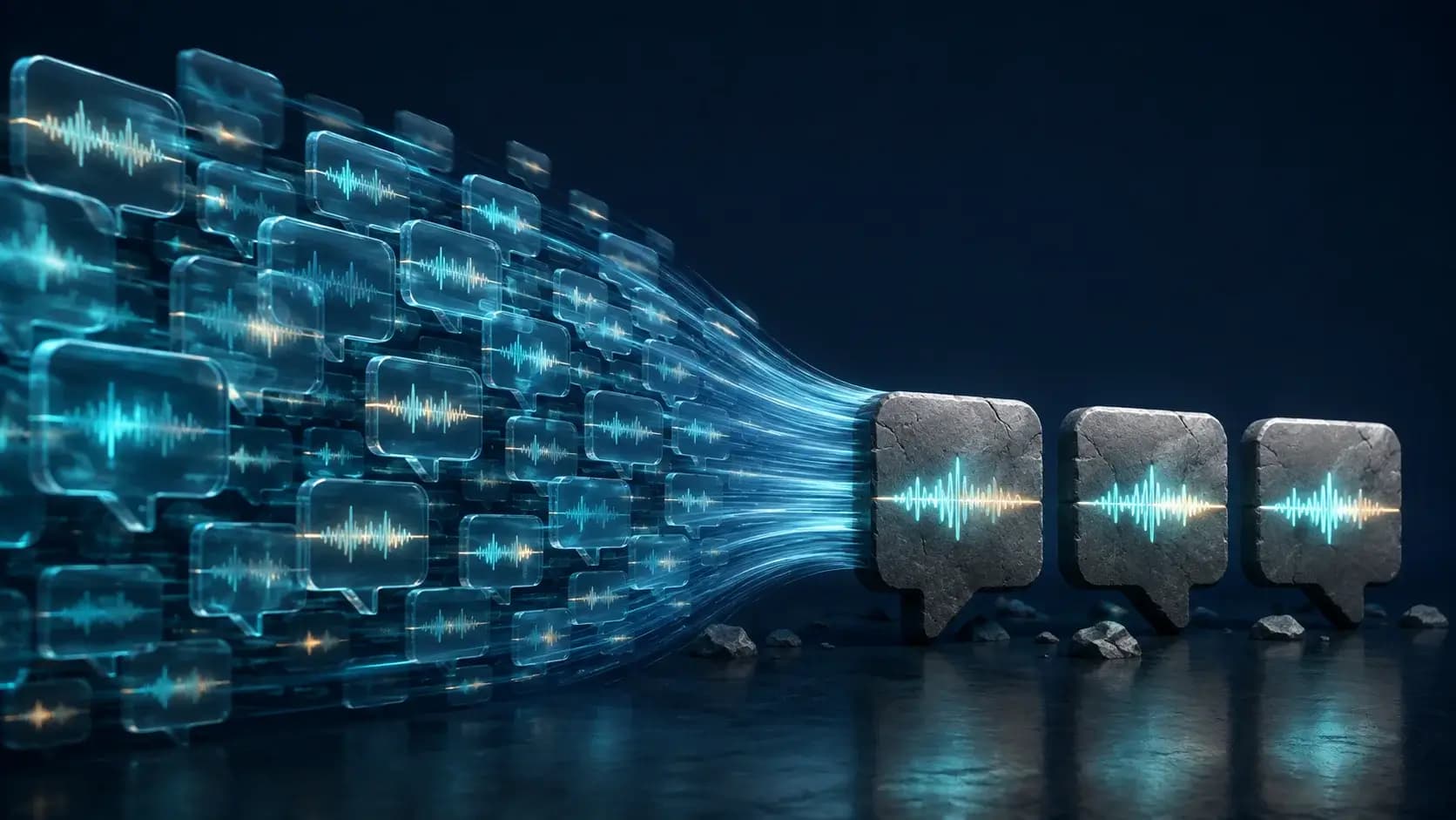 A large stream of glass speech tiles compressed into three compact stone-like speech blocks with the same luminous signal