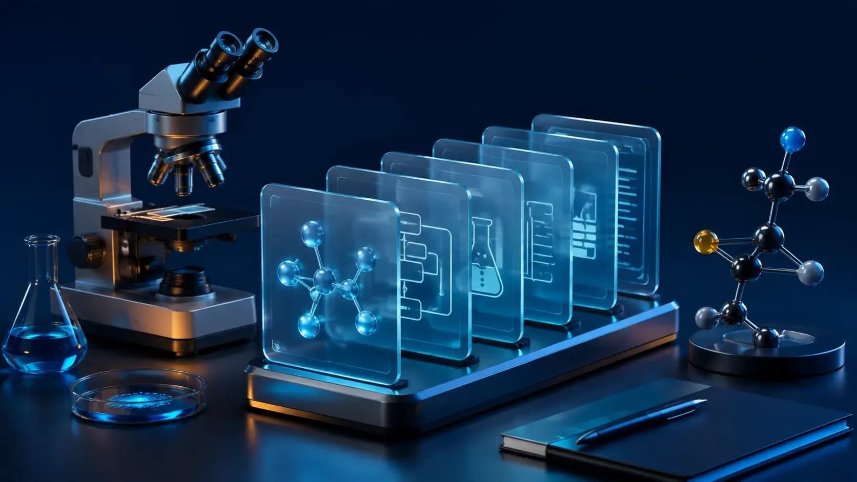 A research workbench combining a microscope, molecular model and stacked reusable glass workflow cards