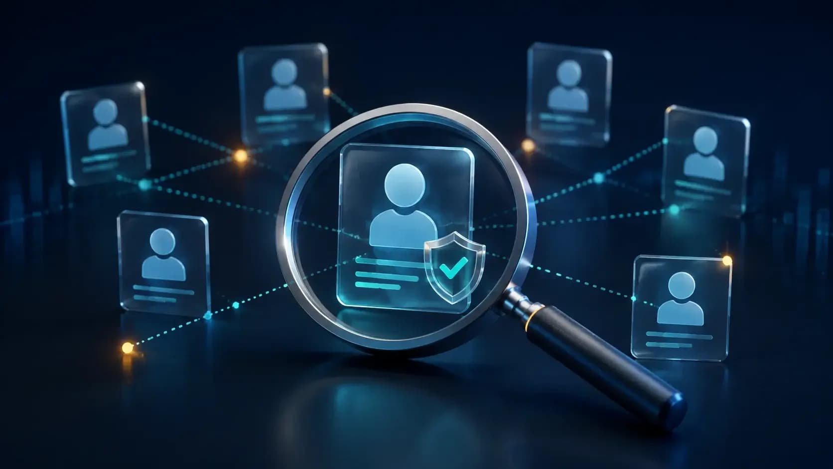 A magnifying glass over abstract anonymous profile cards connected by dotted evidence lines, restrained privacy shield