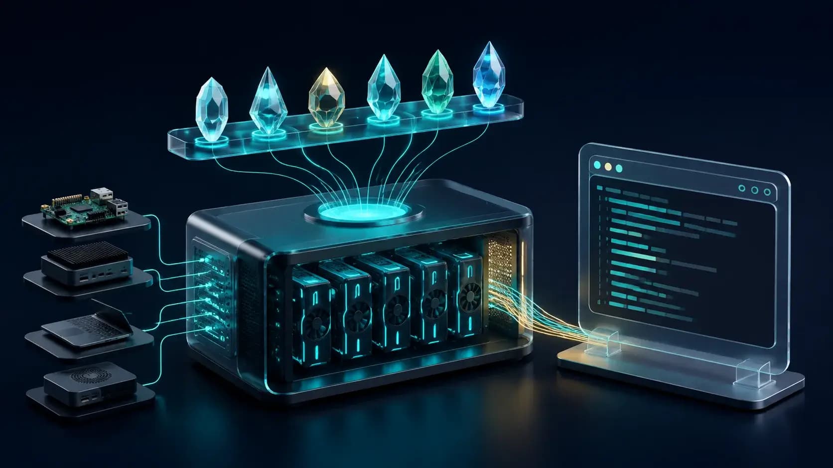 A local GPU inference server selecting fitted model crystals for different hardware slots and connecting to an agent terminal