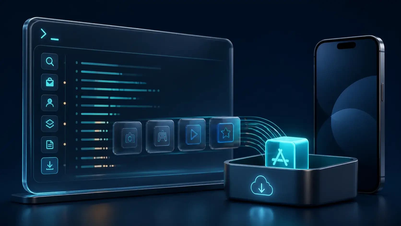 A terminal-like glass panel sorting app package cubes into a download tray beside a minimal smartphone