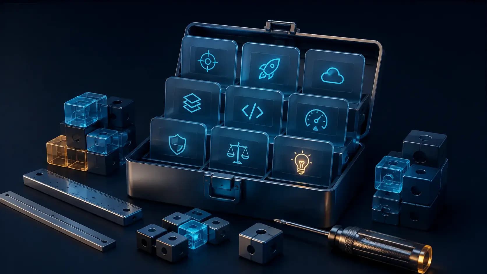 A carefully organized engineer tool chest of reusable workflow cards, ruler and modular coding blocks