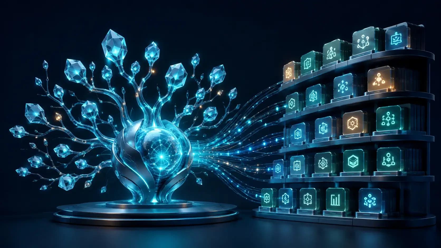 An evolving agent core with branching memory crystals and a growing library of learned task modules