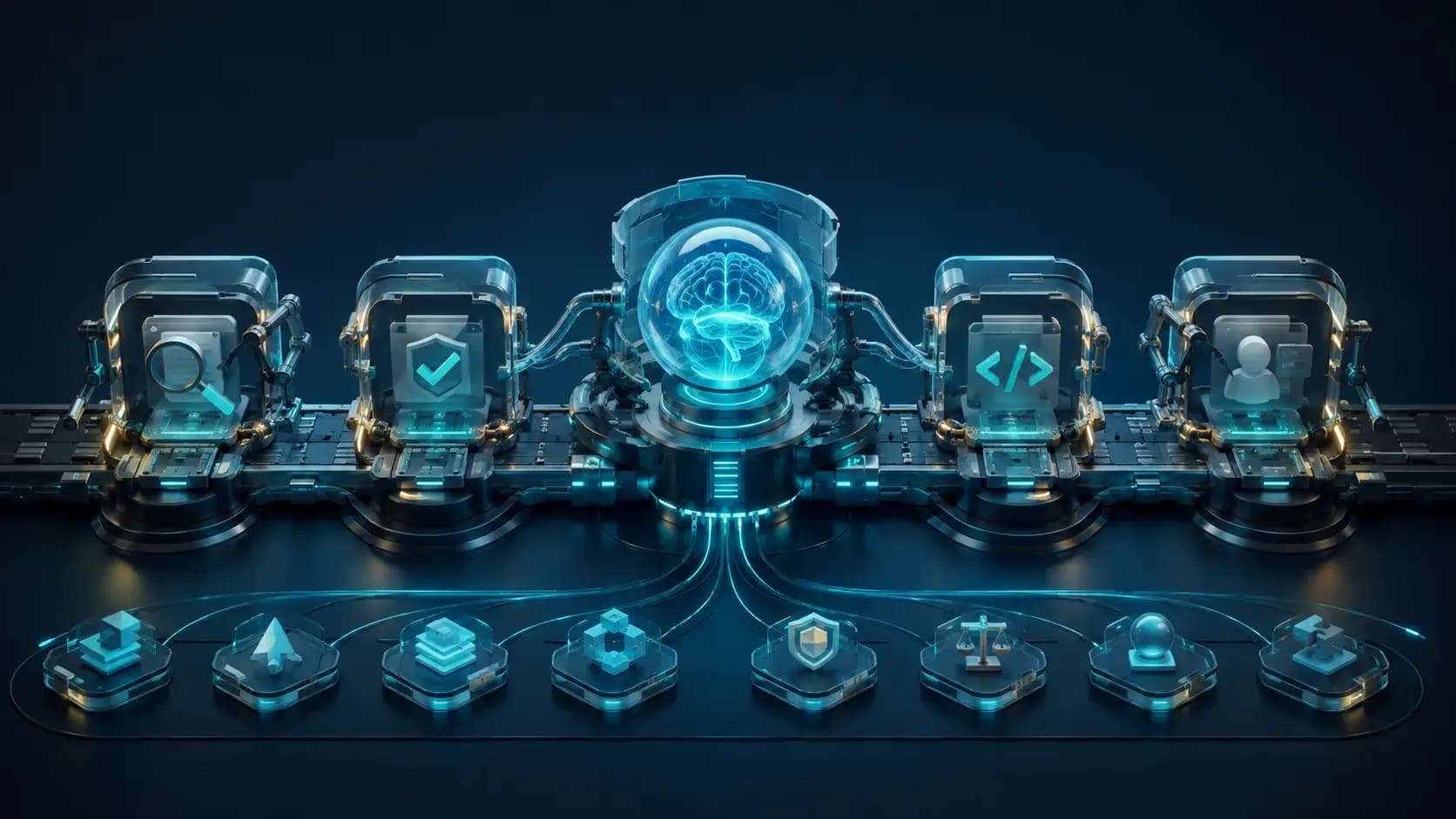 A disciplined software development assembly line of specification, test, implementation and review modules powering an agent core