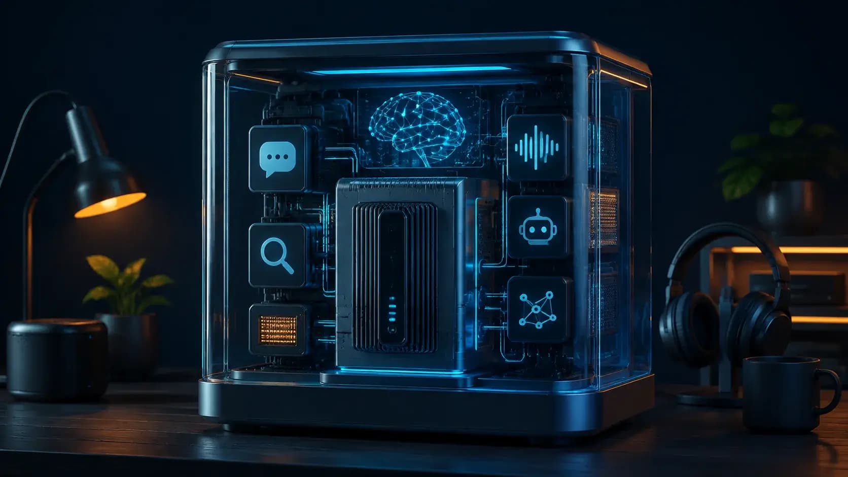 A compact private AI server at the center of a miniature home lab with chat, search and voice modules inside a glass enclosure