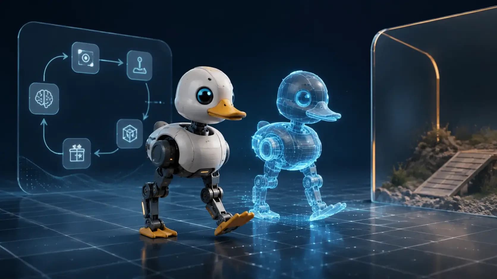 A charming small biped duck-like research robot walking on a simulation grid beside a translucent digital twin