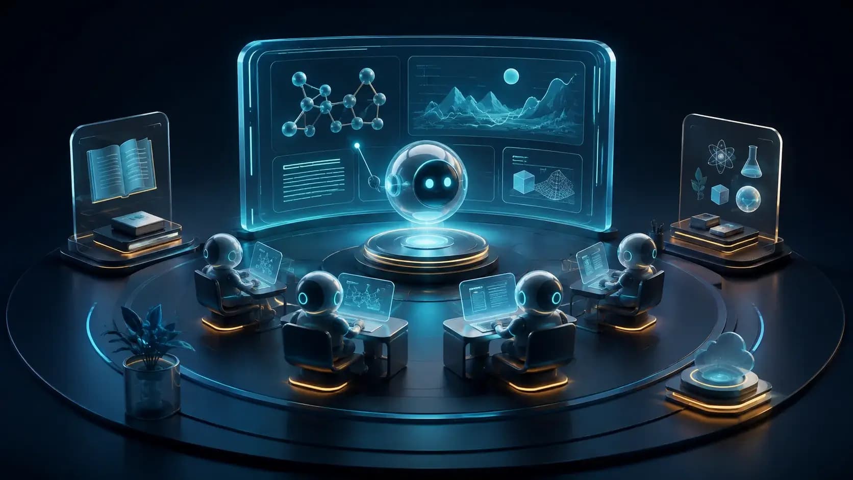 A miniature interactive classroom with a luminous lesson board, teacher orb and student orbs around desks