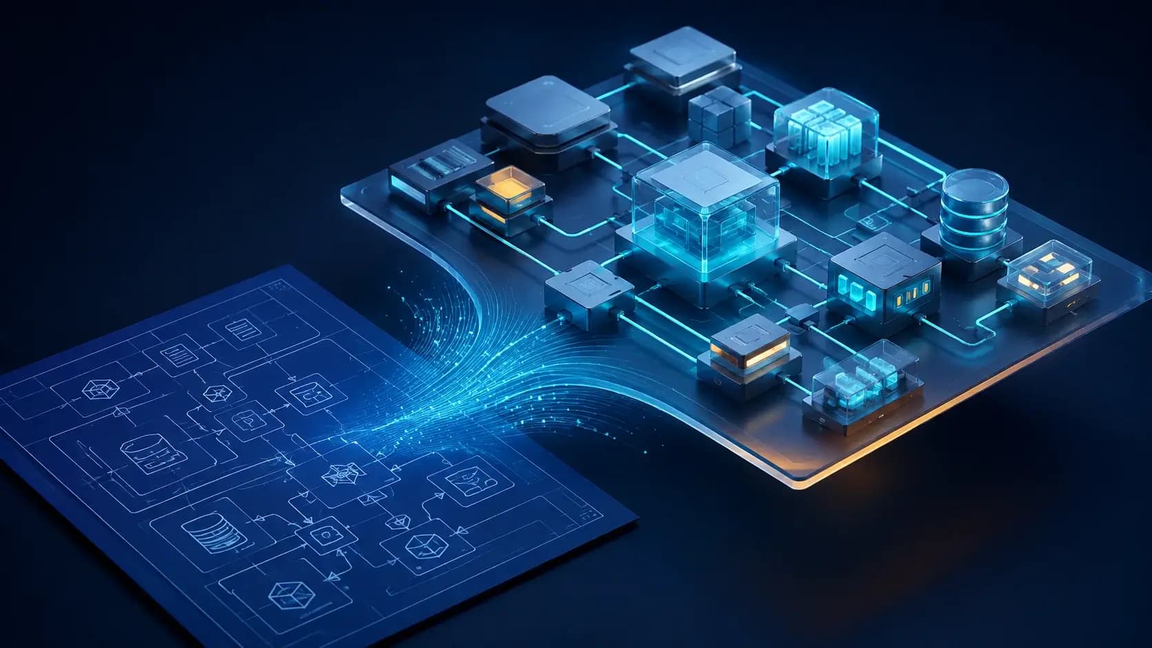 An architectural blueprint transforming into a precise floating three-dimensional system map with interconnected modules