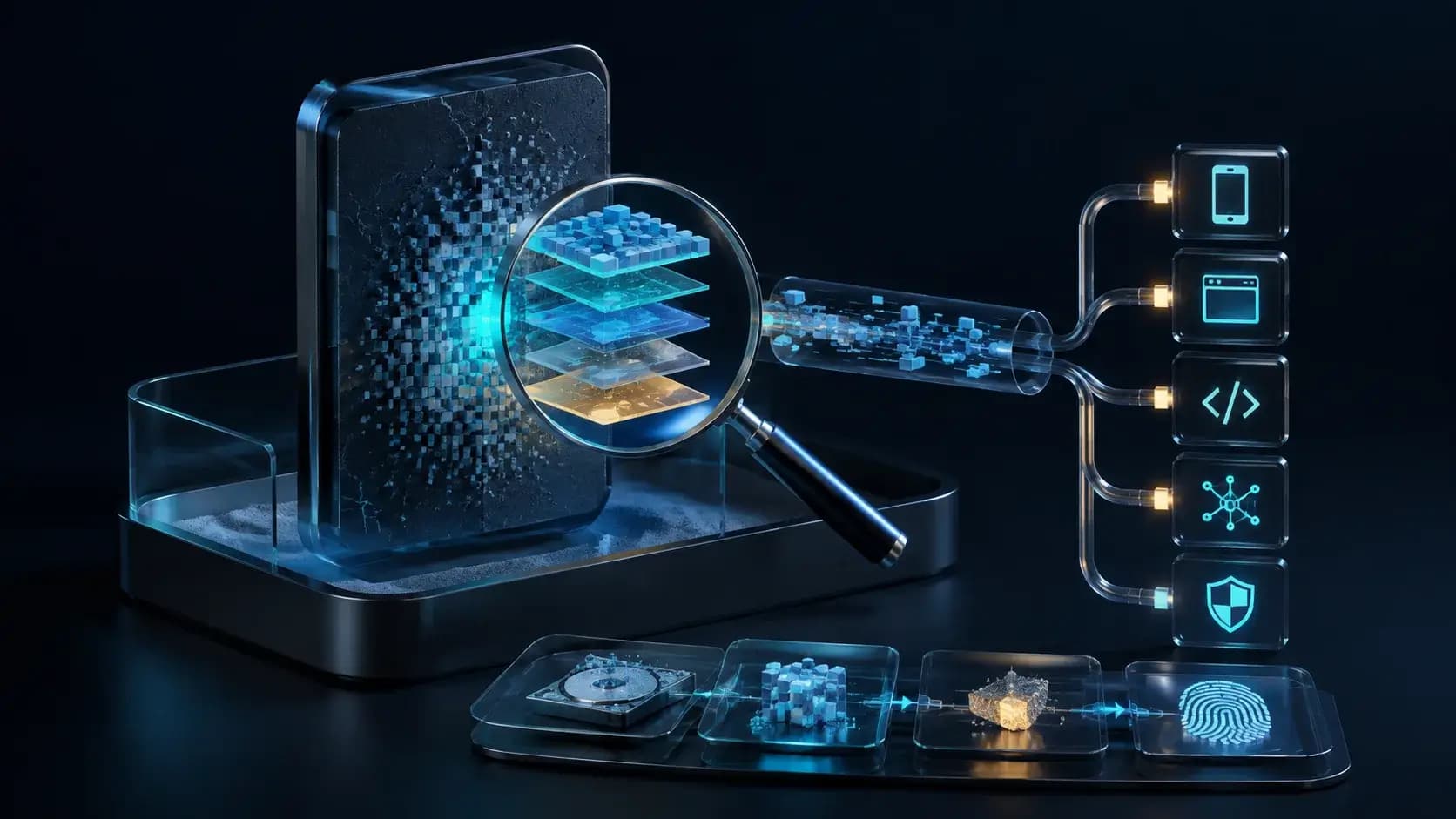 A binary artifact opened in a forensic sandbox, magnifying lens revealing layered components and an evidence trail