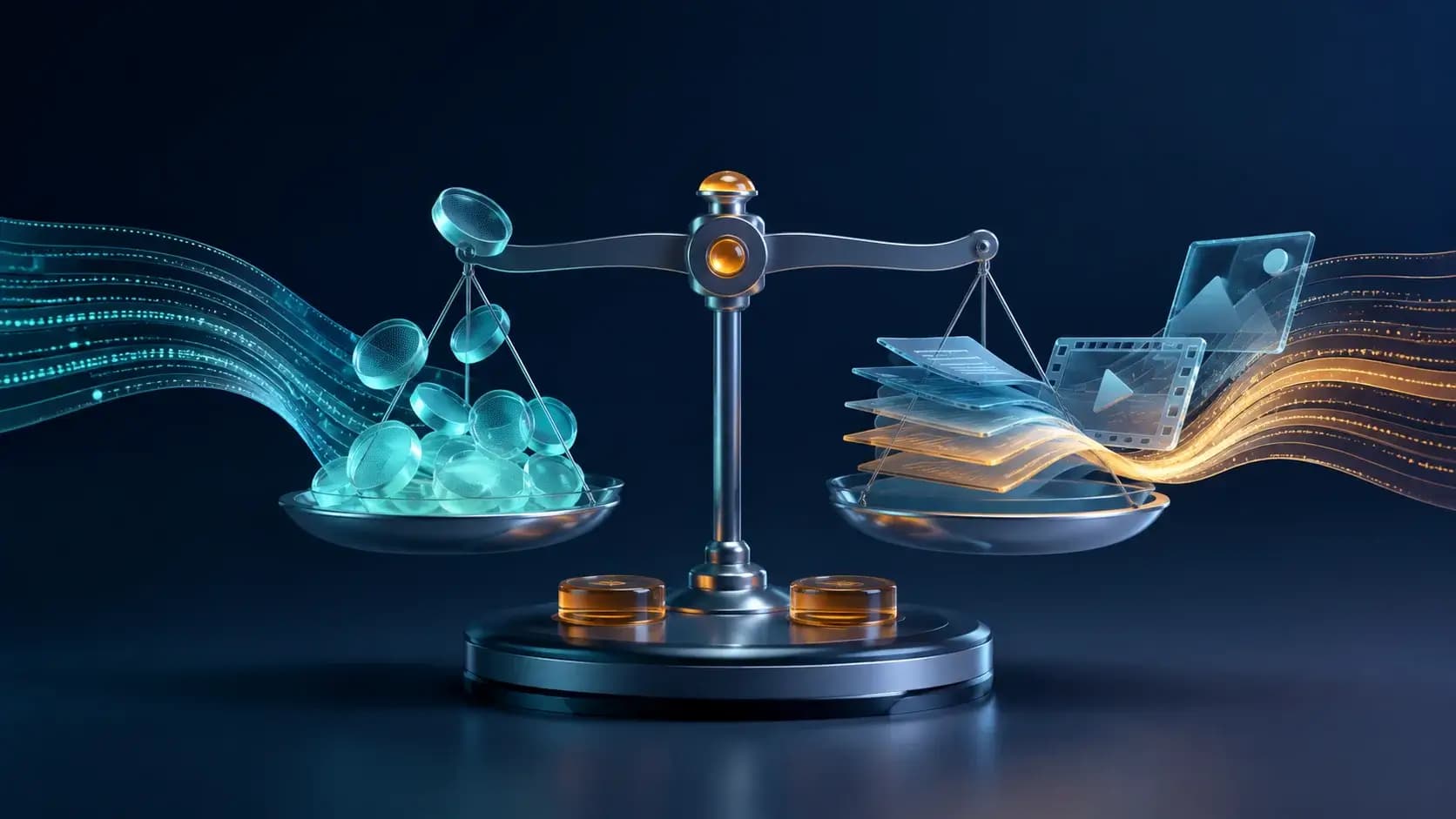 A precision balance weighing translucent token discs against layered input and output streams, subtle amber counters without digits